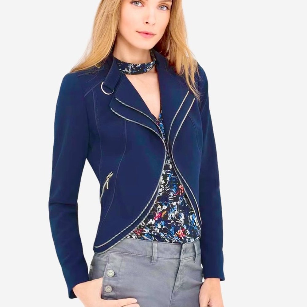 White House Black Market Navy Cropped Zipper Design Moto Jacket Sz 00 #5